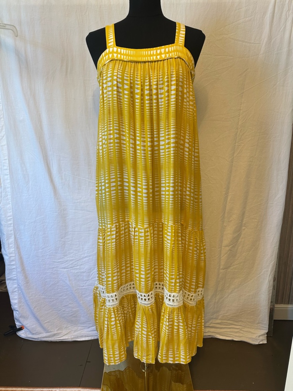 Lemlem Yellow Boho Maxi Dress Medium Geometric Print Eyelet Trim Pockets